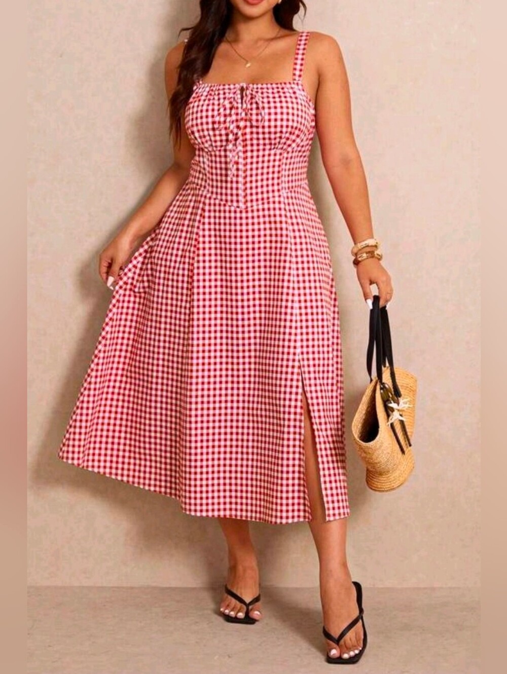 New Gingham Lace Up Back A Line Midi Dress PLUS Red White - Picture 4 of 11